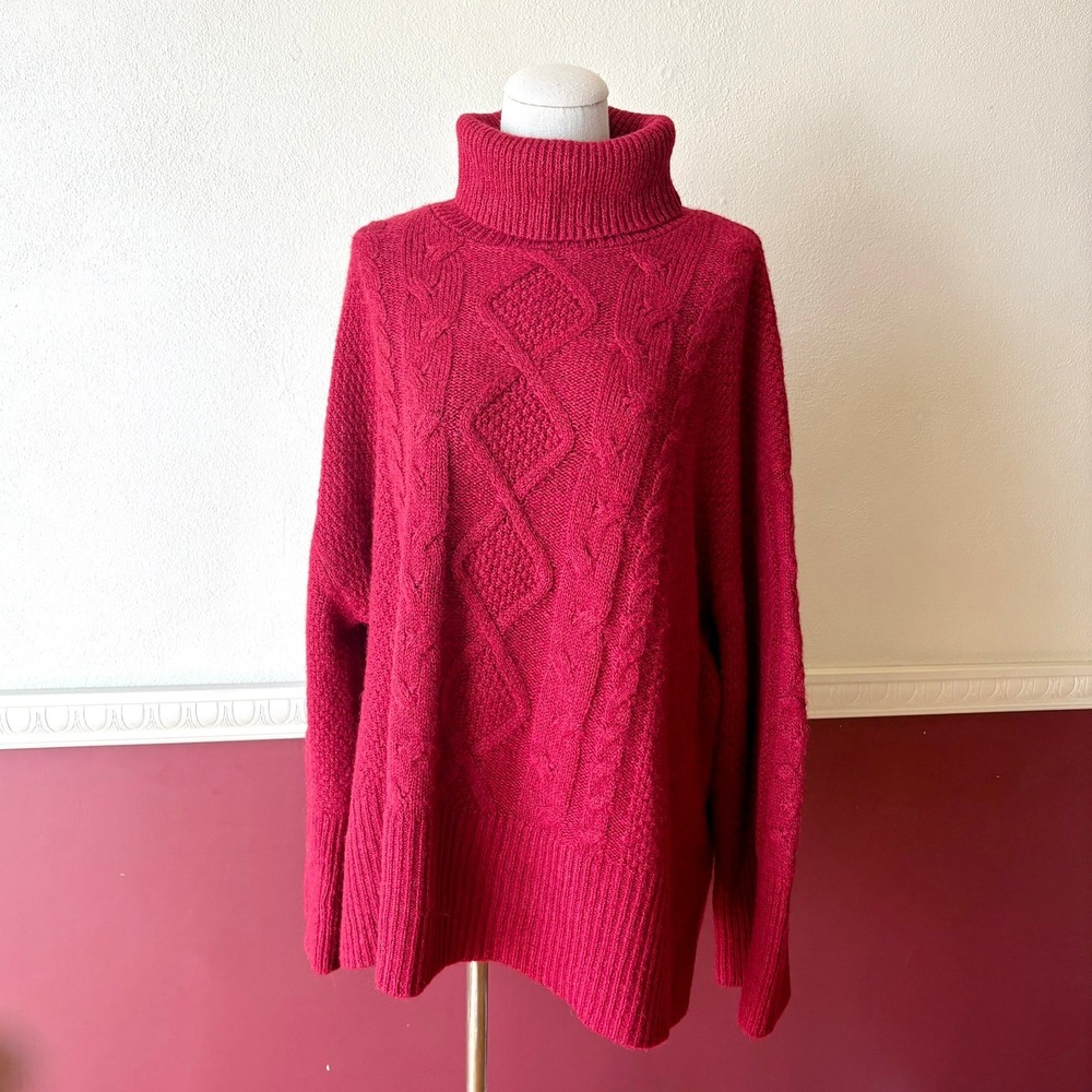 GAP Chunky Cable Knit Wool Alpaca Blend Turtleneck Sweater Oversized Size XL Red